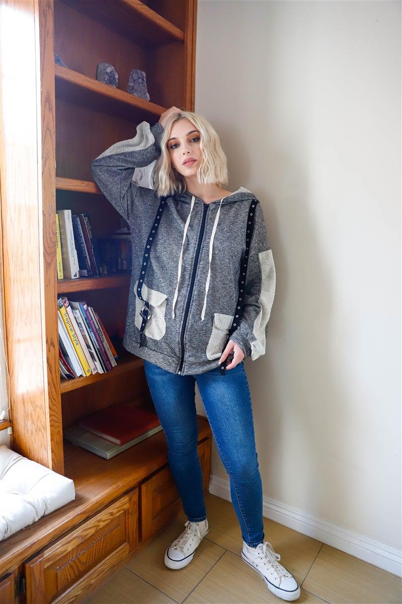 Blue Zone Planet |  Belt & Reversed Details Zip-up Hooded Sweater