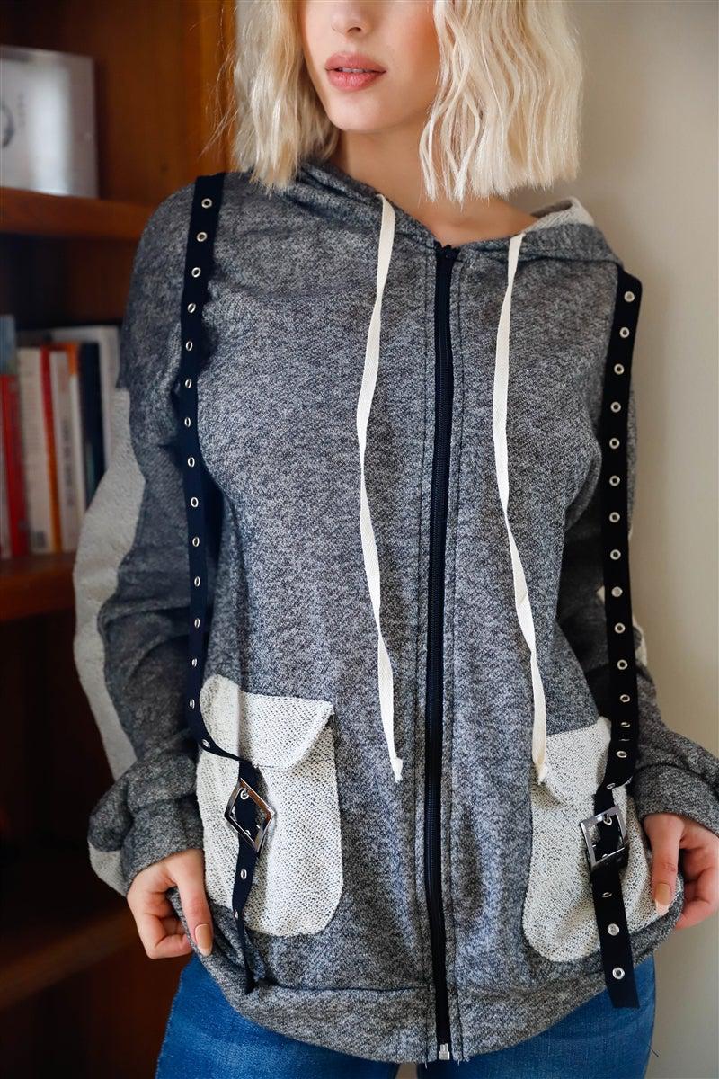 Blue Zone Planet |  Belt & Reversed Details Zip-up Hooded Sweater