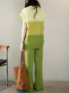 Chic Contrast Color Crew Neck Sweater & Wide Leg Pants Suit - Stylish Two-Piece Set