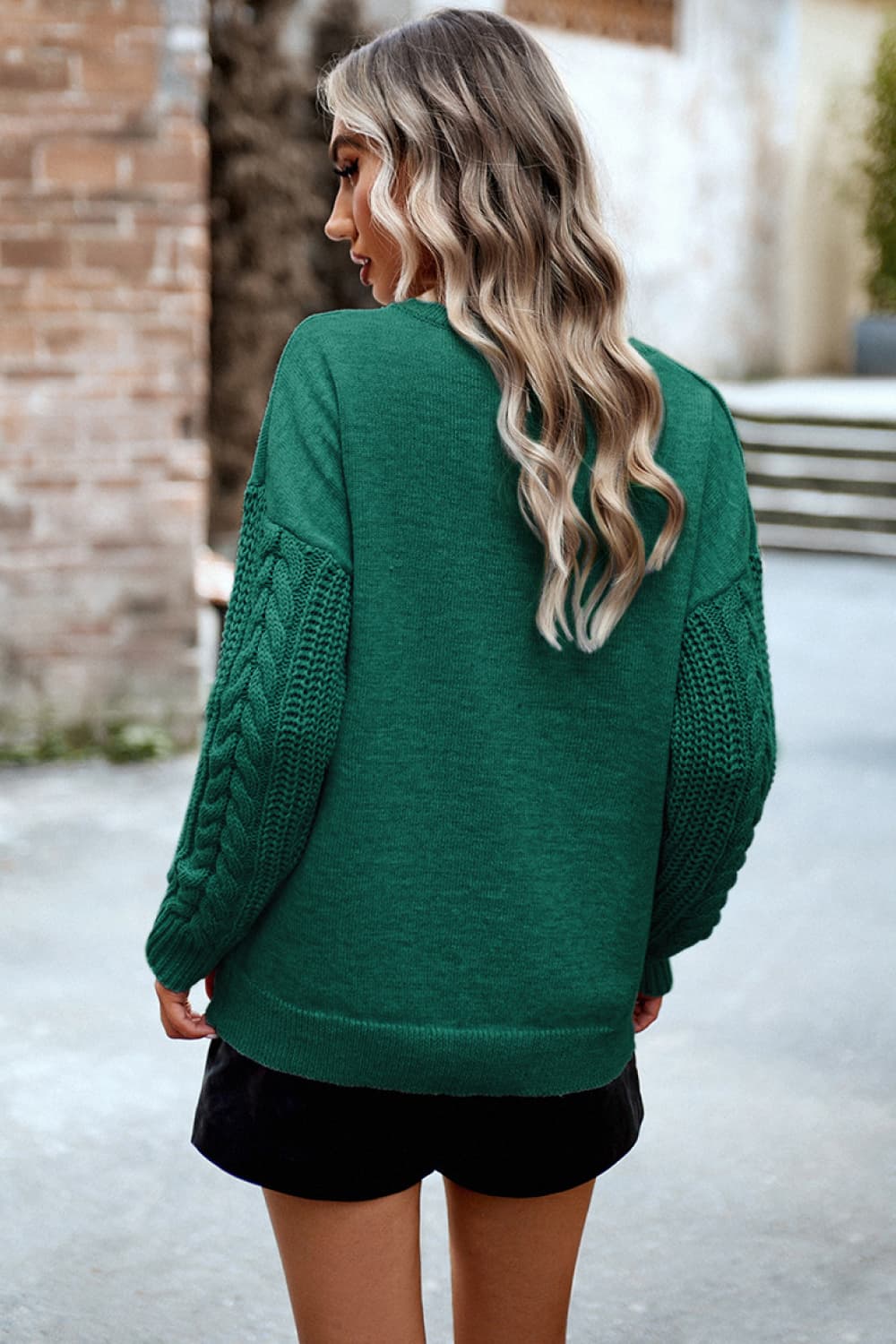 Blue Zone Planet |  Cable-Knit Round Neck Drop Shoulder Sweater