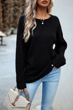 Blue Zone Planet |  Cable-Knit Round Neck Drop Shoulder Sweater