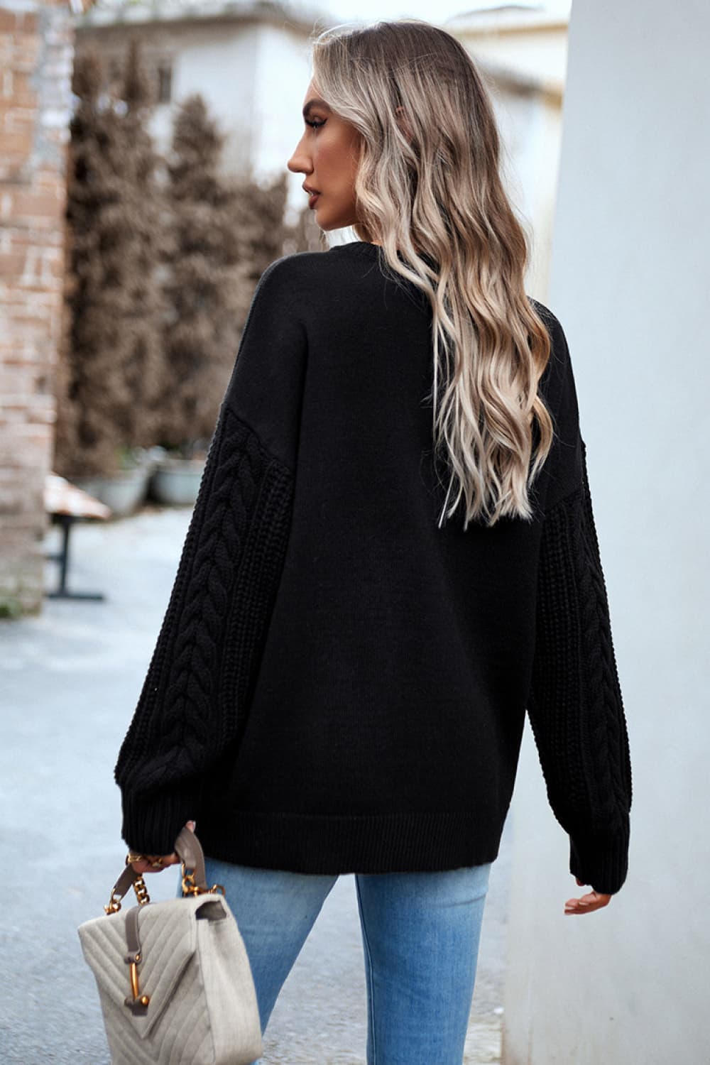 Blue Zone Planet |  Cable-Knit Round Neck Drop Shoulder Sweater