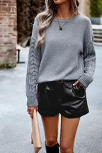 Blue Zone Planet |  Cable-Knit Round Neck Drop Shoulder Sweater