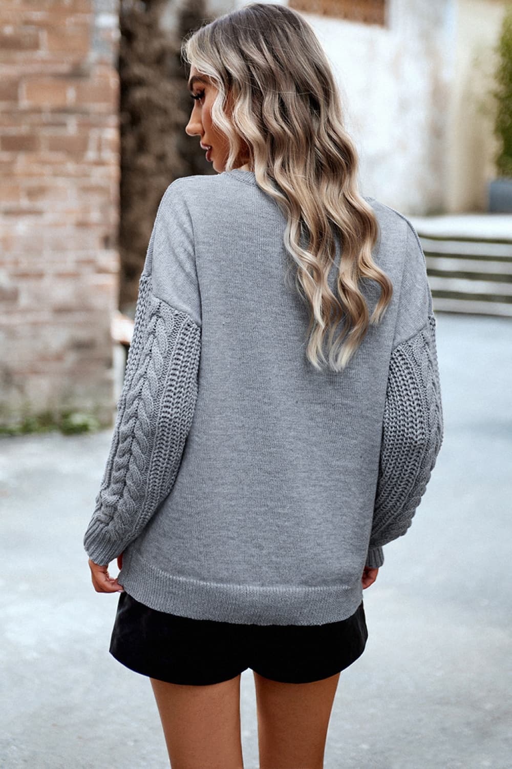 Blue Zone Planet |  Cable-Knit Round Neck Drop Shoulder Sweater