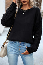 Blue Zone Planet |  Cable-Knit Round Neck Drop Shoulder Sweater