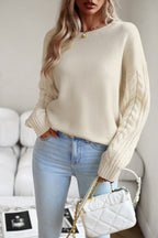 Blue Zone Planet |  Cable-Knit Round Neck Drop Shoulder Sweater