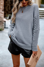 Blue Zone Planet |  Cable-Knit Round Neck Drop Shoulder Sweater