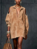 Women's Camel Faux Suede Cold-Shoulder Midi Dress with Deep V-Neck