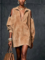 Women's Camel Faux Suede Cold-Shoulder Midi Dress with Deep V-Neck