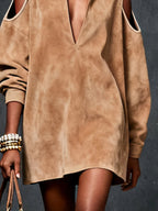 Women's Camel Faux Suede Cold-Shoulder Midi Dress with Deep V-Neck