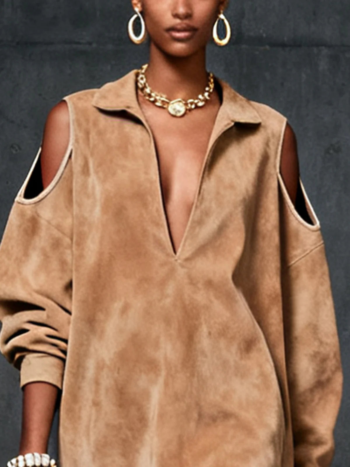 Women's Camel Faux Suede Cold-Shoulder Midi Dress with Deep V-Neck