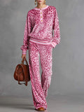 Luxurious Pink Velvet Leopard Print Sweatshirt & Wide-Leg Pants Set - Cozy & Chic Loungewear