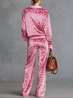 Luxurious Pink Velvet Leopard Print Sweatshirt & Wide-Leg Pants Set - Cozy & Chic Loungewear
