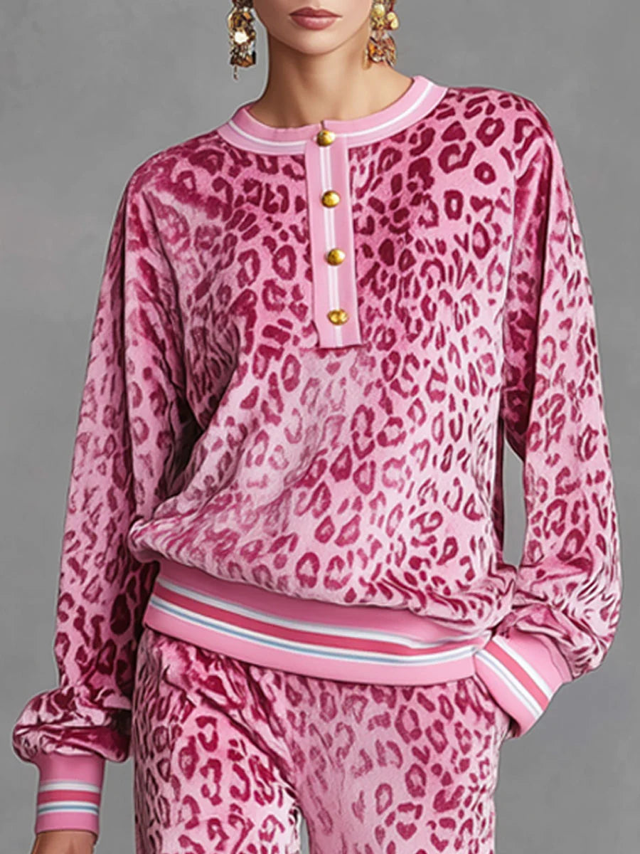 Luxurious Pink Velvet Leopard Print Sweatshirt & Wide-Leg Pants Set - Cozy & Chic Loungewear