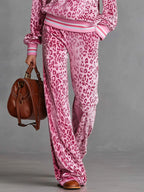 Luxurious Pink Velvet Leopard Print Sweatshirt & Wide-Leg Pants Set - Cozy & Chic Loungewear