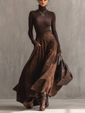 Elegant Coffee Distressed Suede Midi Skirt Set - Vintage Fit, High Neck Top