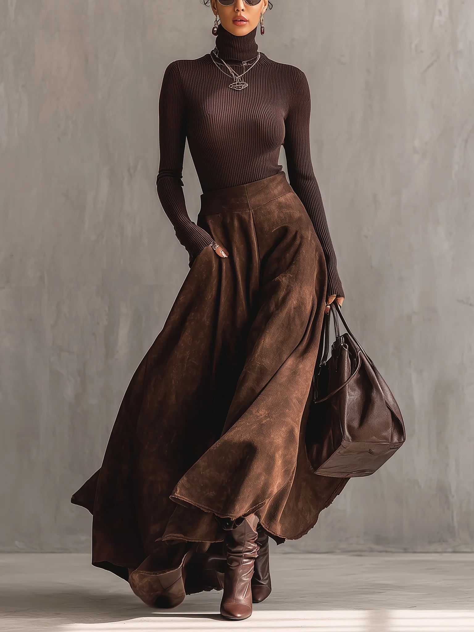 Elegant Coffee Distressed Suede Midi Skirt Set - Vintage Fit, High Neck Top