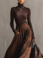 Elegant Coffee Distressed Suede Midi Skirt Set - Vintage Fit, High Neck Top