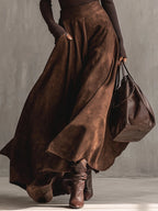 Elegant Coffee Distressed Suede Midi Skirt Set - Vintage Fit, High Neck Top