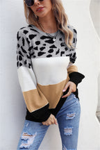 Color Block Round Neck Lantern Sleeve Sweater