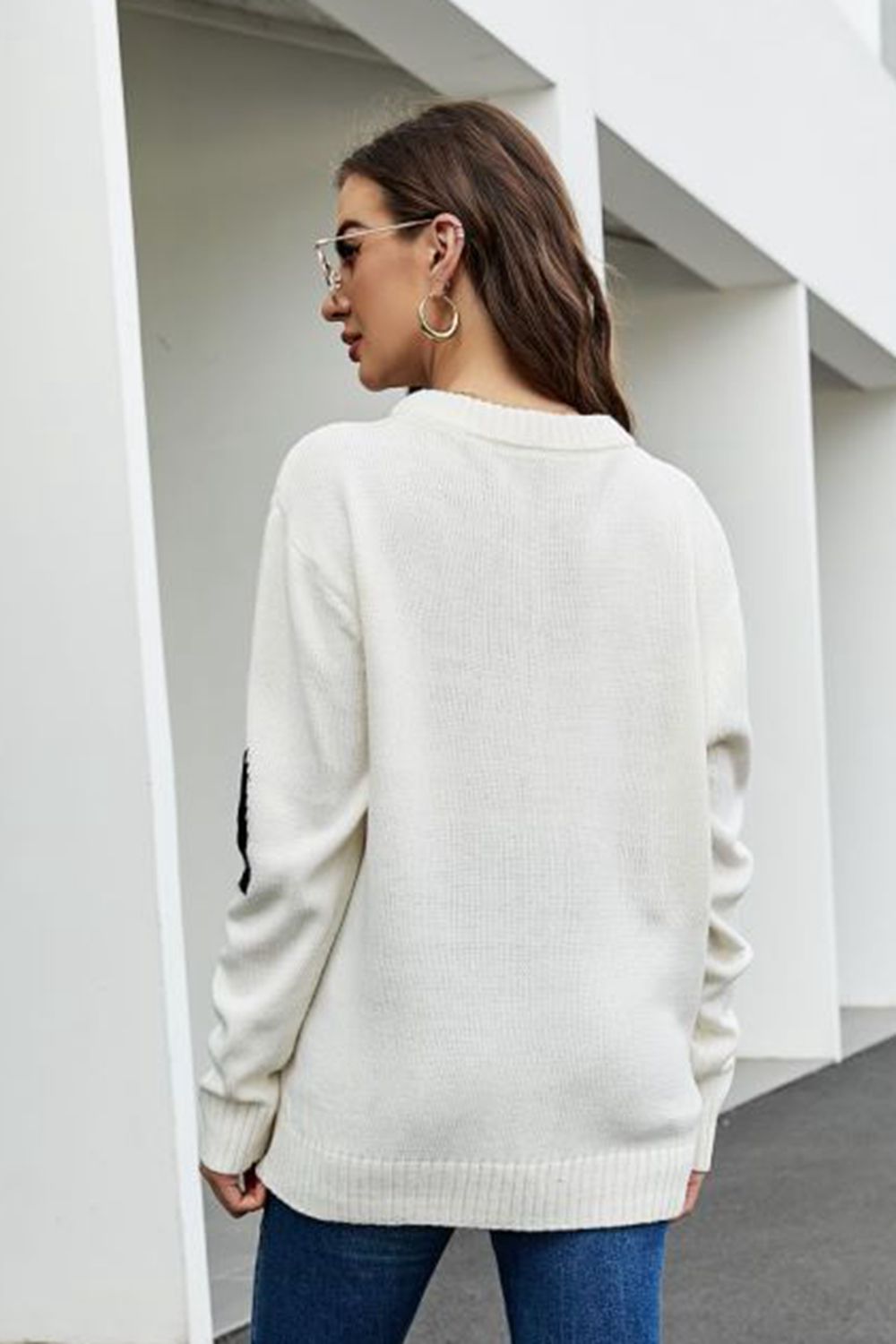 Contrast Round Neck Dropped Shoulder Sweater