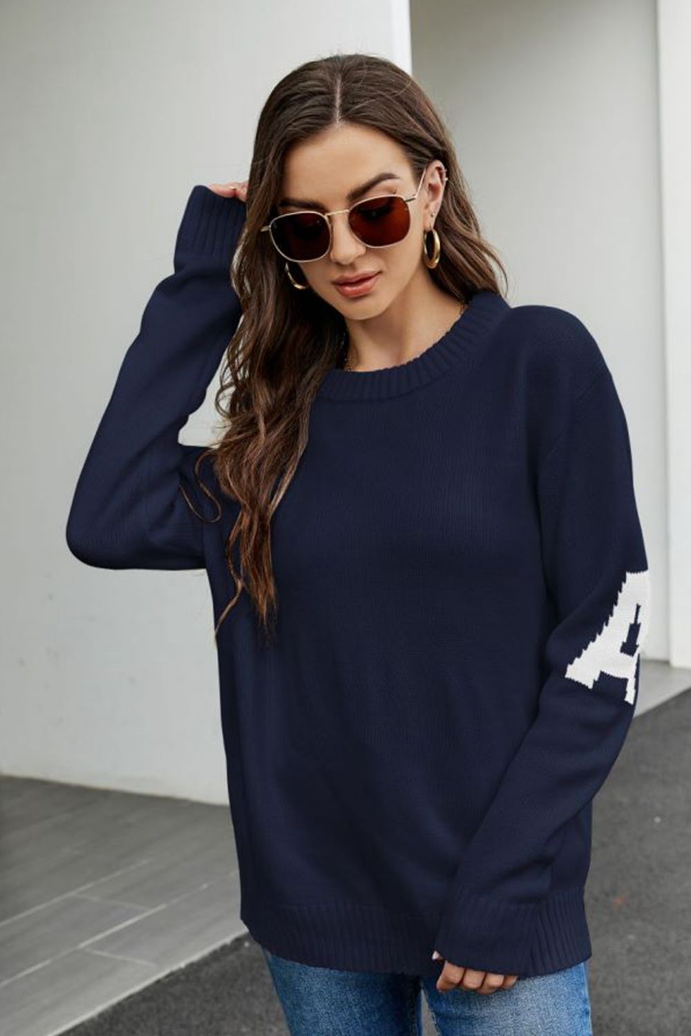 Contrast Round Neck Dropped Shoulder Sweater