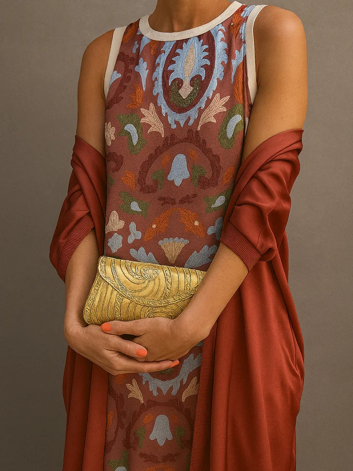 Elegant Printed Two-Piece Maxi Dress with Cape - Polyester Blend