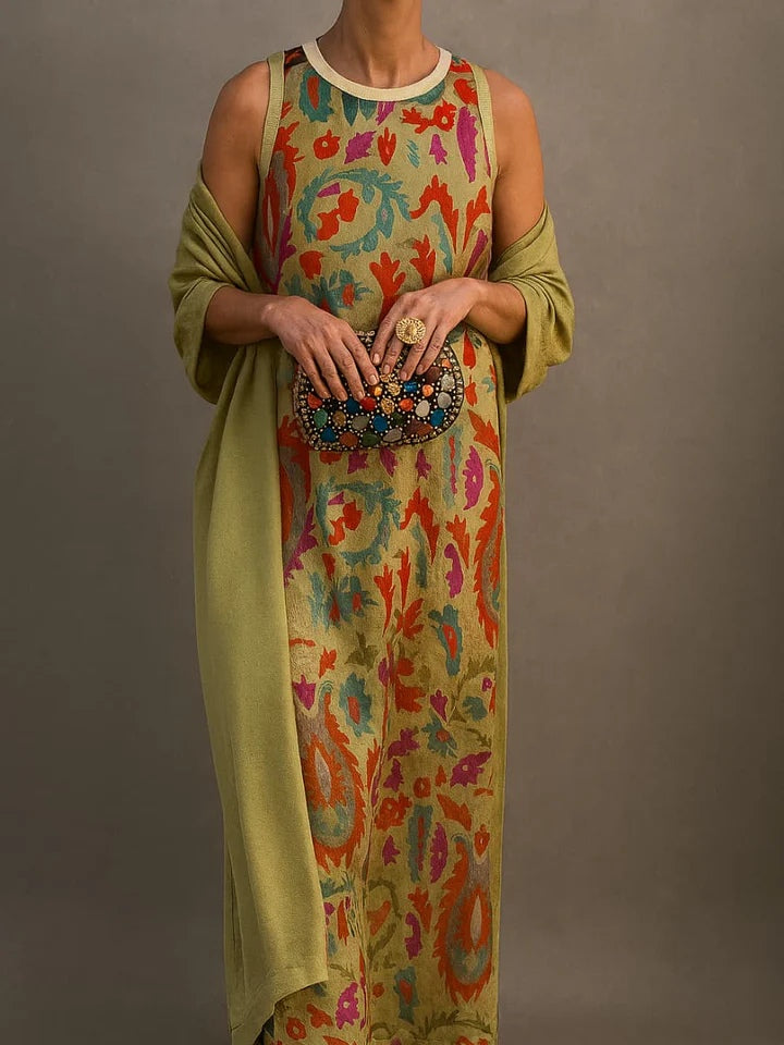 Elegant Printed Two-Piece Maxi Dress with Cape - Polyester Blend