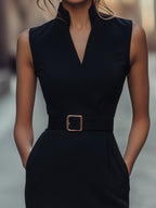Refined Sleeveless Black Belted Sheath Dress with Mandarin Collar