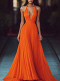 V-neck Halter Pleat Maxi Dress