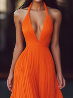 V-neck Halter Pleat Maxi Dress