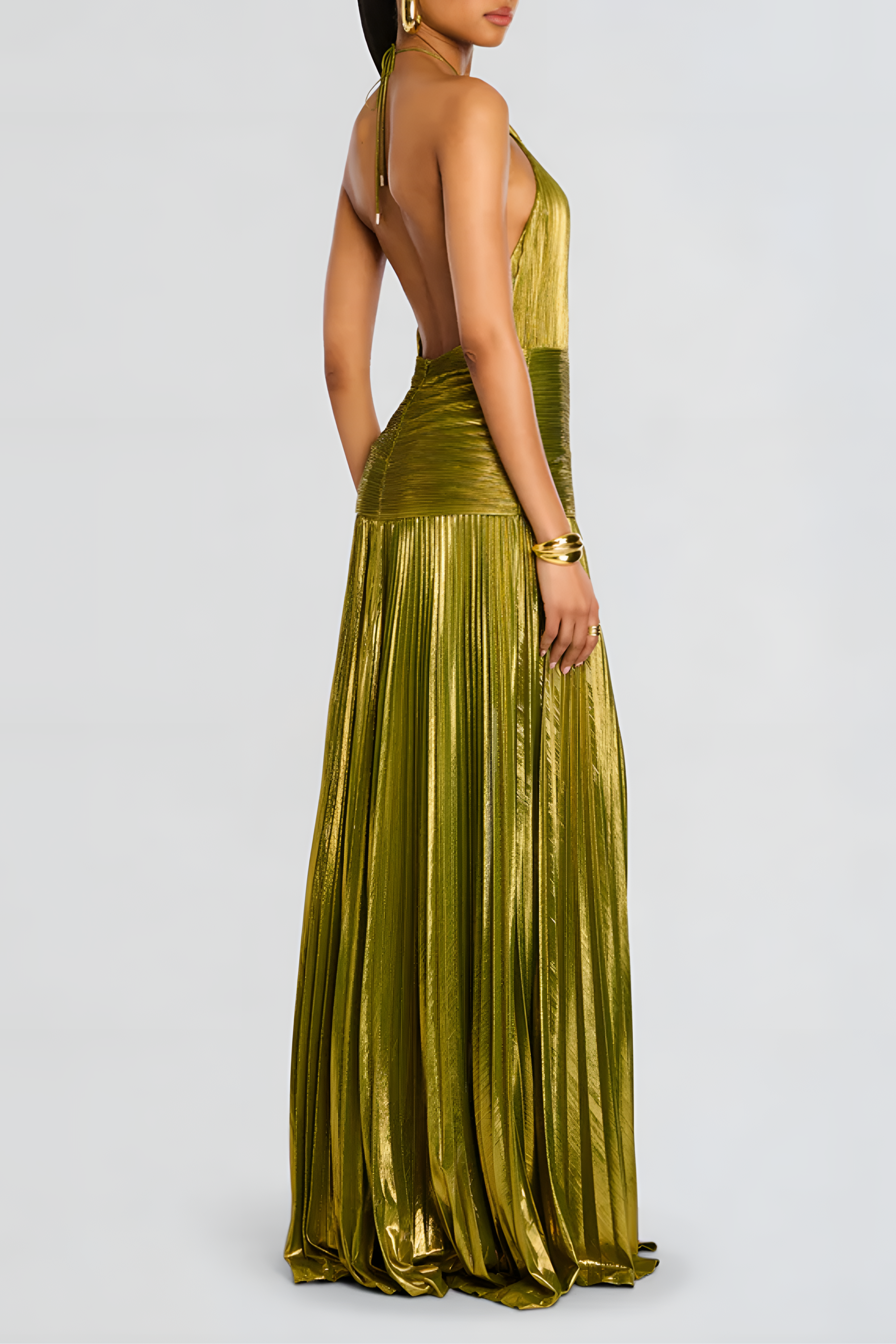 Thalia Metallic Peridot Maxi Dress - Elegant Halter Neck, Open Back, Cinched Waist, High Slit for Formal Events