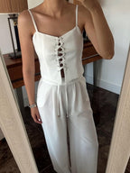 Linen Blend Camisole Two-Piece Set with Tie Front Detail - Casual & Loose Fit
