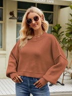 Exposed Seams Round Neck Dropped Shoulder Sweater