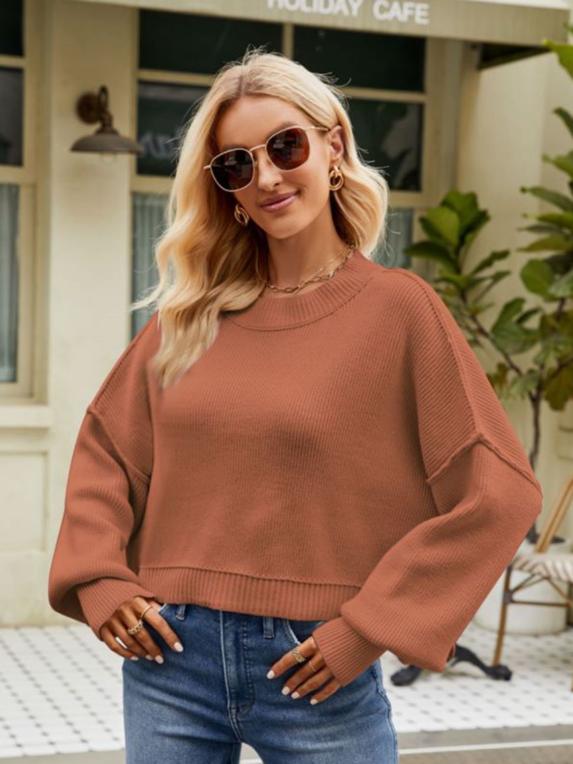 Exposed Seams Round Neck Dropped Shoulder Sweater