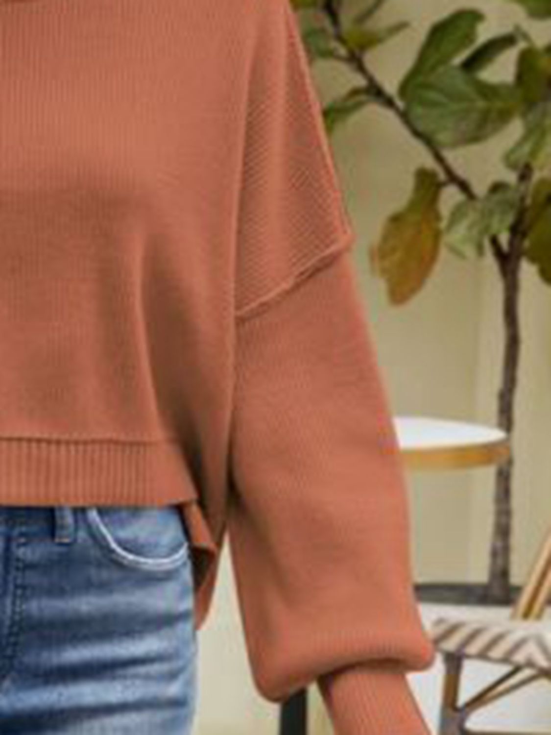 Exposed Seams Round Neck Dropped Shoulder Sweater