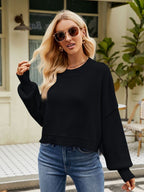 Exposed Seams Round Neck Dropped Shoulder Sweater