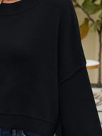 Exposed Seams Round Neck Dropped Shoulder Sweater