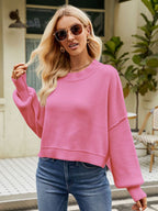 Exposed Seams Round Neck Dropped Shoulder Sweater