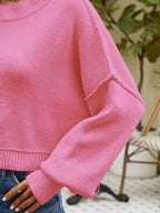 Exposed Seams Round Neck Dropped Shoulder Sweater