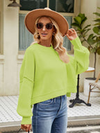 Exposed Seams Round Neck Dropped Shoulder Sweater