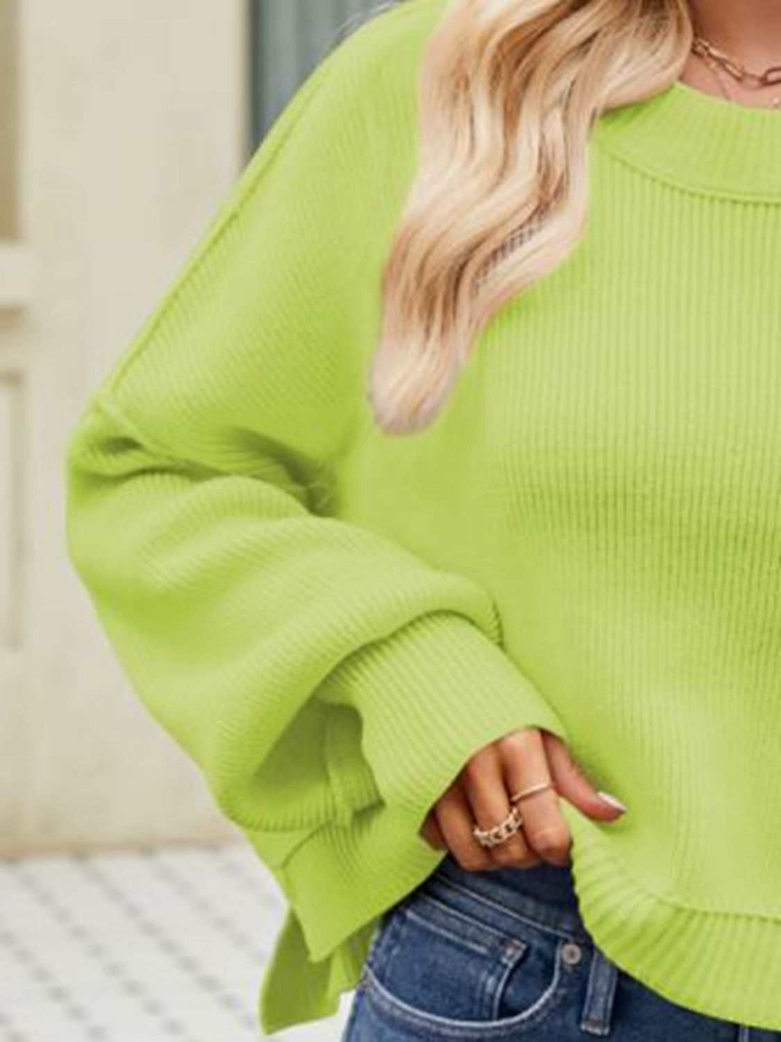 Exposed Seams Round Neck Dropped Shoulder Sweater