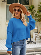 Exposed Seams Round Neck Dropped Shoulder Sweater