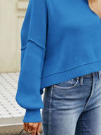 Exposed Seams Round Neck Dropped Shoulder Sweater
