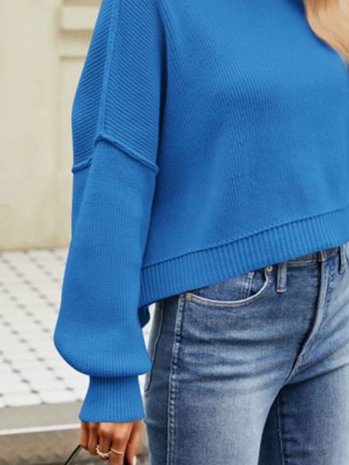 Exposed Seams Round Neck Dropped Shoulder Sweater