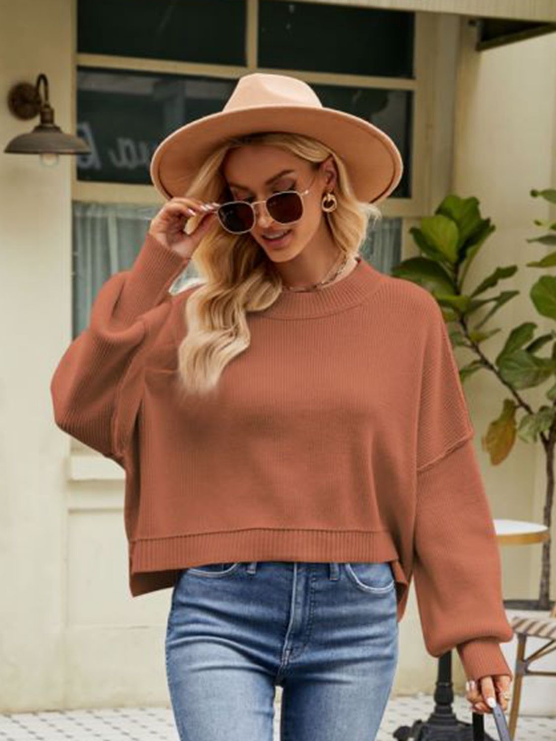 Exposed Seams Round Neck Dropped Shoulder Sweater
