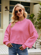 Exposed Seams Round Neck Dropped Shoulder Sweater