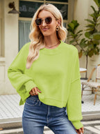 Exposed Seams Round Neck Dropped Shoulder Sweater