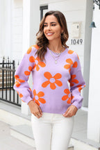 Floral Print Round Neck Dropped Shoulder Pullover Sweater
