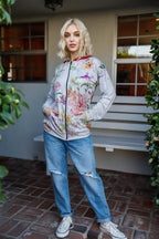 Blue Zone Planet |  Grey Pink Flower Print Contrast Double Hood Sweater